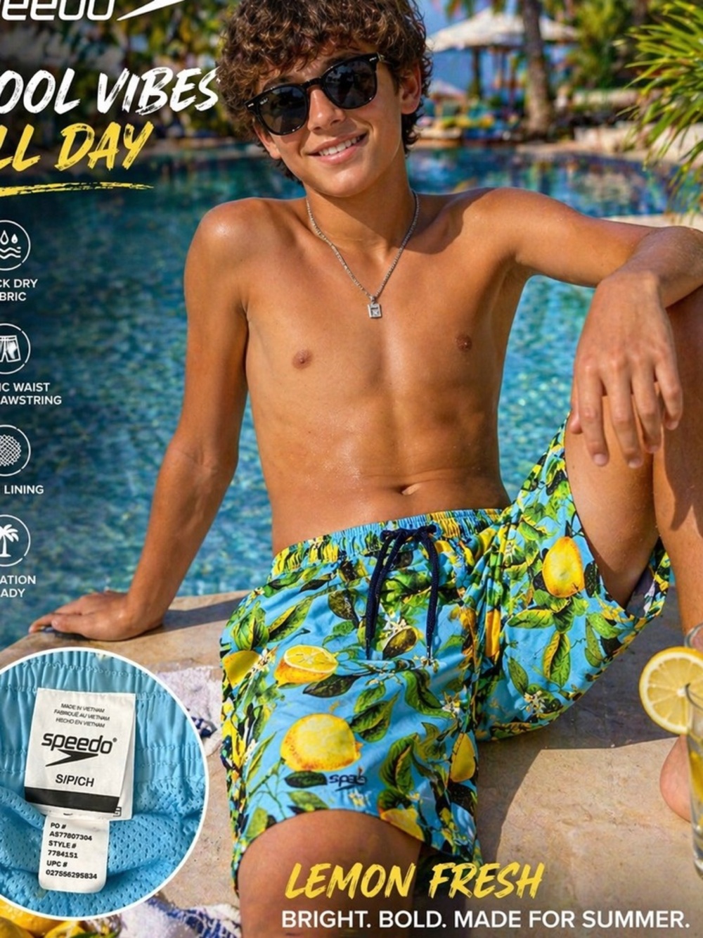 Speedo Lemon Print Swim Trunks Small Blue Citrus Swim Shorts Beach Pool Vacation